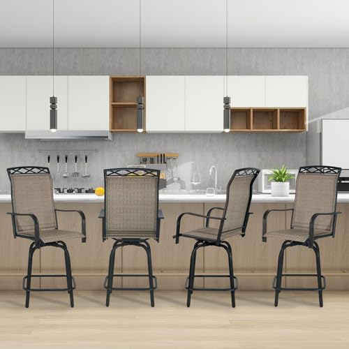 Image of Outdoor Swivel Bar Stools Set of 4, 26.6 inch Seat Height Patio Bar Chairs, Counter Height Outdoor Chairs with Cooling Fabric for Garden, Patio, Deck, Brown