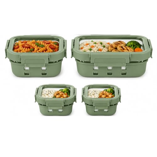 Image of Griplok Glass Lunch Box with Leakproof Lid, Borosilicate Food Storage Container with Silicone Sleeve, Airtight, Microwave /Dishwasher Safe (Forest Green, 2x370ml + 1x640ml + 1x1050ml)