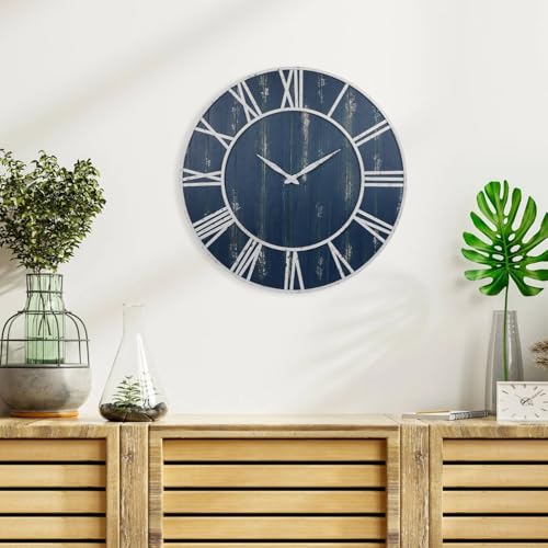 Old Oak Rustic Large Decorative Wall Clock with White Metal Frame & Navy Blue Wood (30-inch) - Image 7