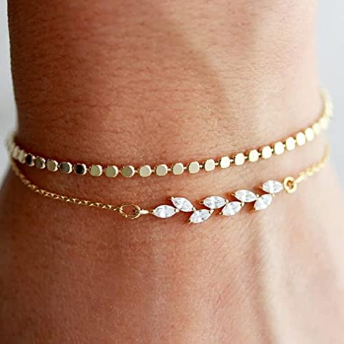 MIDEEO Bracelets for Women Dainty Layered Herringbone Twisted Rope Chain Bracelets Set Layering Dot CZ Leave Beaded Bracelets Dainty Cubic Zirconia Tennis Chain Bracelet Jewelry Gifts2