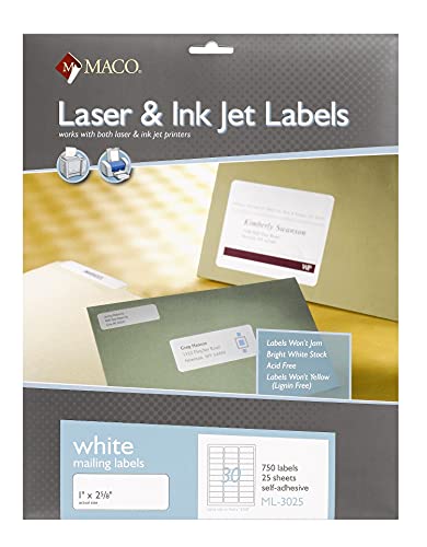 Maco Laser/Ink Jet White Address Labels, 1 X 2-5/8 Inches, 30 Per Sheet, 750 Per Pack (Ml-3025) (Macml3025) #TOP6