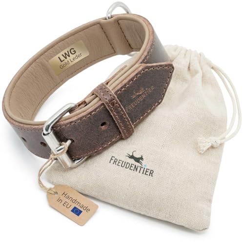 FREUDENTIER Hundehalsband aus Leder, Made in Holland, gefüttert & super komfortabel, hochwertiges breites Lederhalsband aus Vollnarbenleder, Model “Amstelpark” (47-57cm Halsumfang, Dark Chocolate)