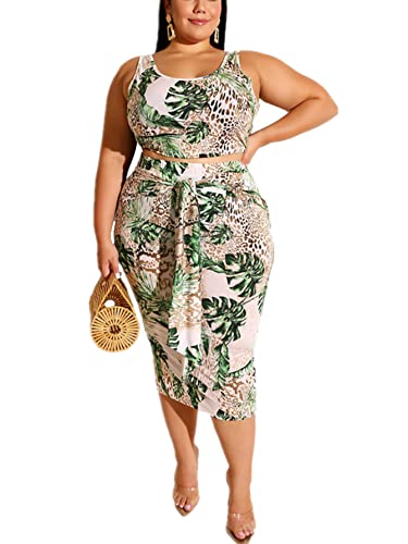 Image of Plus Size Women 2 Piece Outfits Sets Sexy Tracksuit Midi Dress,Sleeveless Tank Top Bodycon Skirts Set Casual Summer