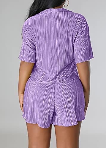 Qosmon Summer 2 Piece Outfits For Women Button Shirt Crop Top Short Casual Vacation Pleated Pant Suit Solid Matching Set Purple S #TOP2