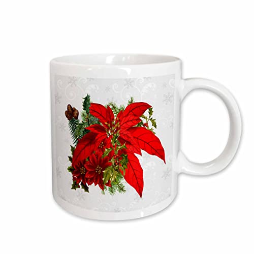 3dRose Red Christmas Poinsettia with Holiday Greenery 11oz Mug