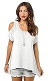 Relipop Women Hollow Out Casual Shirt Short Sleeve Off Shoulder Tunic Tops (Large, White)