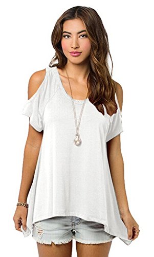 Relipop Women Hollow Out Casual Shirt Short Sleeve Off Shoulder Tunic Tops (Large, White)
