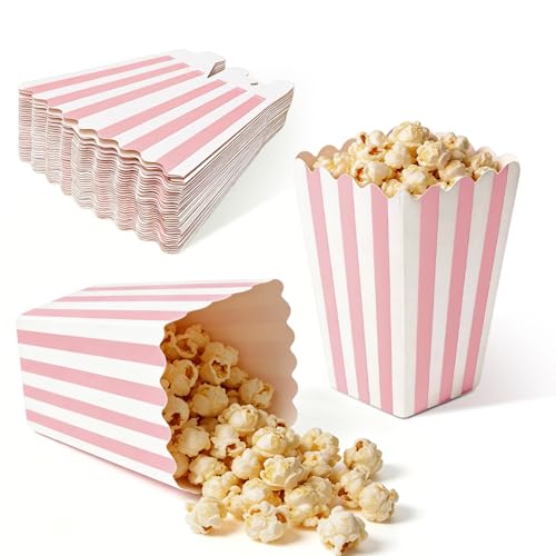 Volokitx 32 Pack Pink Popcorn Boxes 4.6 x 2.7 Small Paper Popcorn Containers Pink and White Striped Popcorn Buckets for Movie Night Cinema Party Birthday