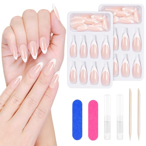 Kiiwah Almendra Largo Francés Uñas Postizas, Aurora Rosa Fake Nails Blanco Francesas Tips, Francés Uñas Postizas con Limas Para Uñas, Palitos para Cutículas para Mujeres DIY Manicura