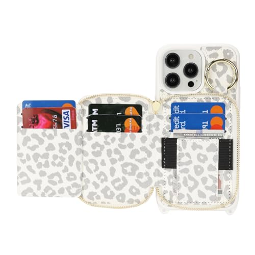 Hamany Crossbody Wallet Case for iPhone 14 Pro Max, PU Leather Zipper Handbag Purse Flip Cover, Kickstand Folio Case with Card Slots Holder Wrist Strap Lanyard 5G 6.7 Inch-White Leopard by Hamany - Image 5
