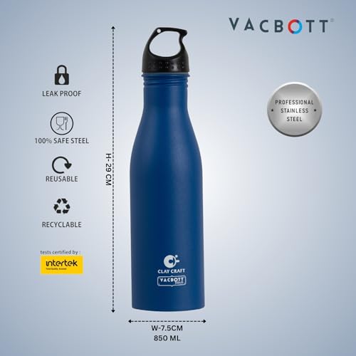 Image of Clay Craft VACBOTT Skipper Single Walled Non Insulated Water Bottle-850ML, 1-Piece(Blue) Leak Proof | Easy Grip |Easy To Carry| Gym Bottle | Home | Kitchen | Hiking | Treking Bottle | Travel Bottle