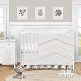 Sweet Jojo Designs Ivory Gender Neutral Boho Bohemian Baby Girl Boy Nursery Crib Bedding Set - 4pc - Solid Color Beige Cream Off White Farmhouse Chic Unisex Minimalist Tassel Fringe Macrame Cotton
