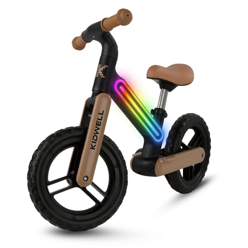 COIL Bicicleta para aprender a andar, bicicleta para niños, bicicleta de equilibrio, cuadro de nailon con luz LED, neumáticos EVA, peso: 3,05 kg, a partir de 2 años (negro/beige)
