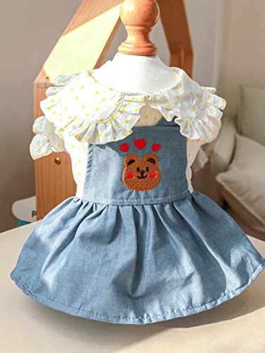 Qwinee Heart & Bear Embroidered Dog Dress Cat Ruffle Trim Denim Dress Pet Suspender Skirt For Small Medium Girl Dogs Puppy Kitten Blue And White Xl #TOP3