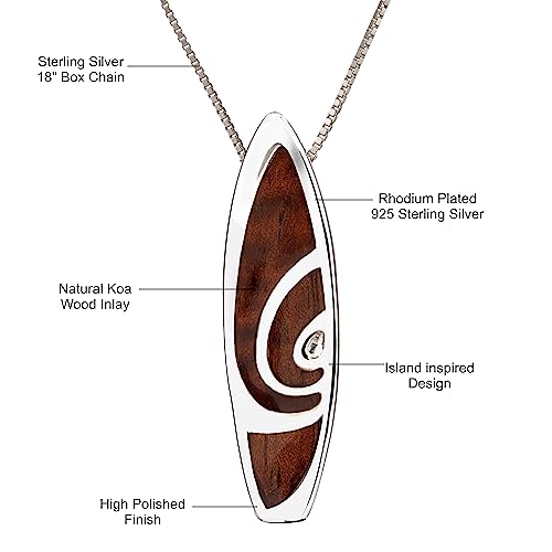 Aloha Jewelry Company 925 Sterling Silver Natural Koa Wood Hawaiian Surfboard Necklace Pendant, Nickel Free Hypoallergenic for Sensitive Skin, Heirloom Scroll Hibiscus Flower Wave, with 18" Box Chain4