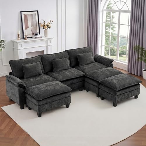 Image of IPKIG 117 inch Modular Cloud Couch with Storage, C Shaped Sectional Sofa | 3 Seater Black Chenille Deep Seat Sectional Couches with Ottoman and Pillow for Living Room, Apartment