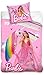 Barbie pościel dziecięca z motywem jednorożca, różowa, 135 x 200 + 80 x 80 cm, 100% bawełna, jakość Renforcé, linon, jakość Dreamtopia, księżniczki, dziewczyna, Traumvilla lalka z zamkiem błyskawicznym, rozmiar niemiecki