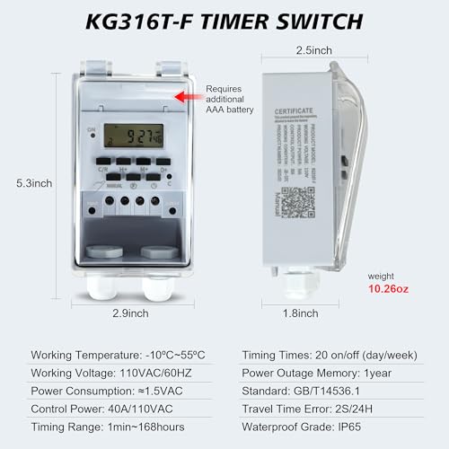 Goldlife Waterproof Programmable Timer Switch for Outdoor Indoor, Heavy Duty KG316T-F Digital Program Timer Controller 20 ON/Off Cycle 7-Day and 24-Hour 40A 110V, for Christmas/Light/Fountain Aerator - Thumbnail 2