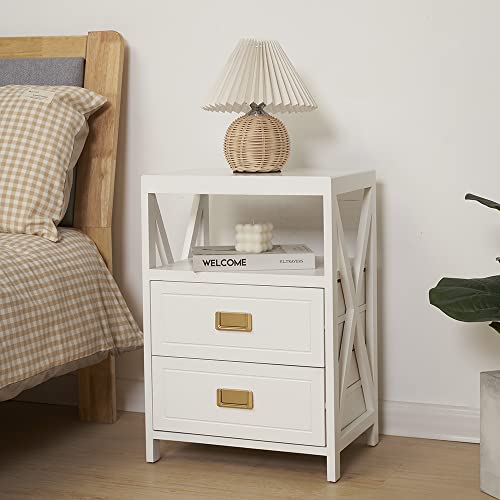 Wood End Table Fully Assembled, Small Nightstand No Assembly Required, Pre-Assembled Side Table With 2 Drawers And Open Shelf For Bedroom For Living Room, 15.7(W) X 11.8(D) X 22.8(H) Inches-White #TOP1