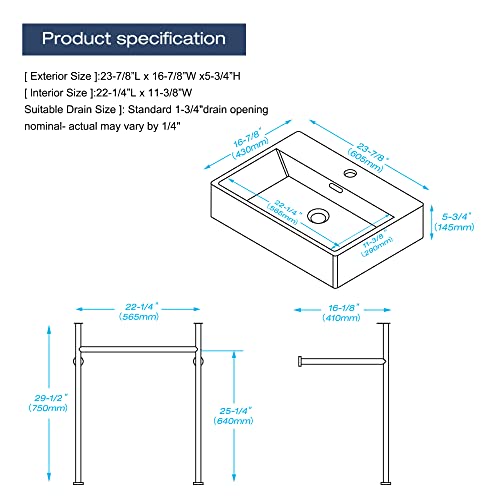 Meje #381-24" Bathroom Vessel Sink,3 Installation Ways,Console Sink, Above Counter Vessel And Wall Hung Vessel Sink, White #TOP5