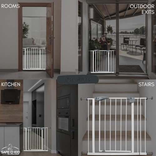 Image of Safe-O-Kid Adjustable 1-Year Warranty Baby & Dog Safety Gate (75-85 cm) Durable Metal Child Gate with 2-Way Auto-Close, Secret Lock, No Drill Required (Brown)