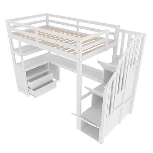 Miniatura 5 de Sacool Cama Alta 90 X 200 Cm, Cama Y Mesa, Escalera De Almacenamiento, Dos Cajones, Color Blanco