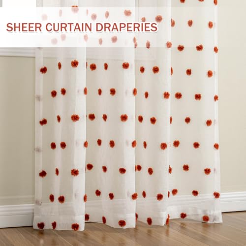 Image of MYSKY HOME Brick Red Pom Pom Sheer Curtains for Bedroom 90 Inch 2 Pieces