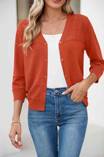Iandroiy Women's Cropped Cardigan Lightweight Crochet Shrug 3/4 Sleeve Hollowed-Out Knit Sweater Tops4