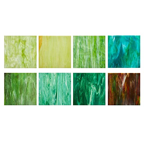 Maxgrain 6X6 Inch Stained Glass Sheets Green Variety Mixed Colors Opaque Glass Packs Mosaic Art Glass For Art Crafts, 8 Sheets #TOP5