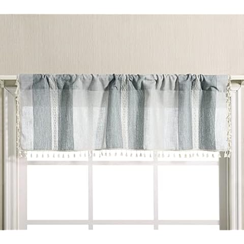 RoomTalks Boho Tassel Valances for Windows Striped French Country Farmhouse Linen Small Window Treatments Bohemian Curtain Topper Valances for Kitchen Living Room (18’’L x 52’’W, Sage Green) Cover
