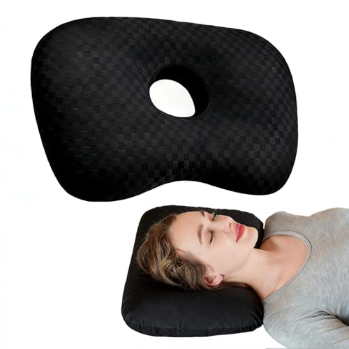 Dwitkul Coussin Piercing Oreille 44x32x5cm - Trou Central 8.9cm,Oreiller avec Trou Coussin Piercing pour Dormeurs Côté, Anti-Douleur & Anti-Inflammation. (Noir)