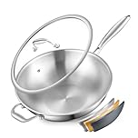 Nontoxicook Tri-Ply Stainless Steel Wok Pan, 33cm(13inch) Cooking Wok with Lid, with Side Ear, Wide & Deep Cookware Stir-Fry Pans, Oven Safe Up to 315℃, Works on Induction
