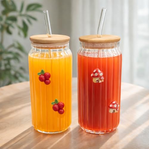 Image of Ribbed Glass Tumbler with Bamboo Lid & Straw (400ml Each) | Cute Charms Aesthetic Can-Shaped Borosilicate Glass Sipper for Juice, Iced Coffee & Cold Drinks