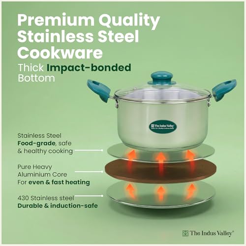 Image of The Indus Valley Stainless Steel Impact Bonded Casserole 5 litres | 3-Layer Thick Bottom | Healthy & Toxin-Free | Fast &Even Heating | Stay-Cool Handle | Induction Friendly I Easy to Clean