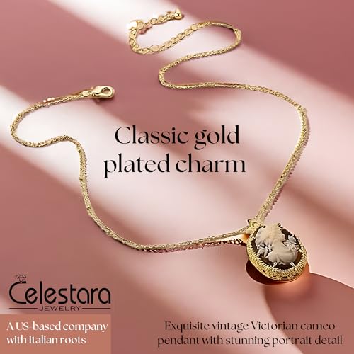 Gold-Plated Victorian Necklace - Vintage Cameo Pendant with Amber Background - Classic Bead Chain Design - Gift Box Included2
