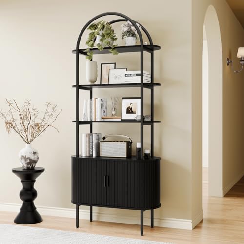 BREEZEHEAT 71" Tall Fluted Arched Bookshelf, Modern Bookshelf with Sliding Tambour Doors, 4-Tier Storage Shelf, and Metal Frame, Curved Cabinet for Living Room, Home Office, Bedroom, Black