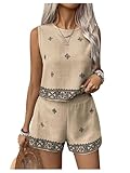 GORGLITTER Women's Co Ord Sets for Women UK Striped Crewneck Tank Top and Shorts 2 Piece Lounge Wear Travel Outfit Holiday Clothes Apricot and Black S