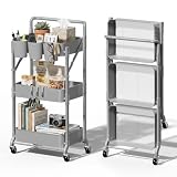 Foldable 3 Tier Metal Utility Rolling Cart, Folding Mobile Multi-Function Storage Trolley Organizer Cart for Home Library Office(Grey)