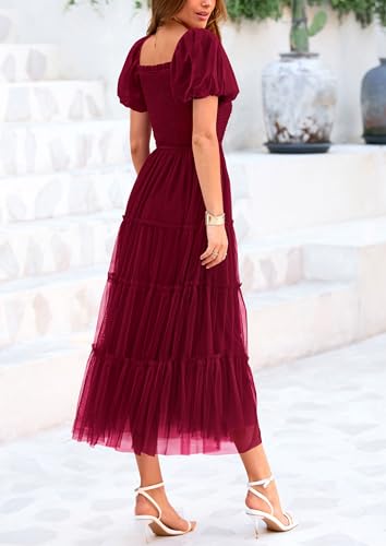 PRETTYGARDEN Women's Smocked Midi Tulle Dress 2025 Summer Puffy Short Sleeve Square Neck Ruffle Wedding Guest Party Dresses (Wine Red,Large) - Image 7