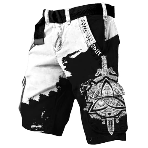 Men's Fashion Graphic Shorts 3D Print Viking Tattoo Pants Hiking Cargo Bottoms Summer Beach Trunks(CM-Viking Tattoos-2,L)