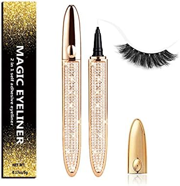 2021 Upgraded Self-adhesive Eyeliner Glue Pen,2 in 1 Eye Liner Pen Diamond Bling Glitter Liquid Eyeliner No Glue, Non Magnetic, Eye Liner for Eye Makeup and Wear Normal False Eyelashes (2021 A)