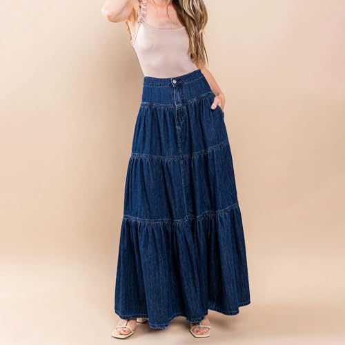 Boho Long Denim Skirts for Women Flowy High Waist Button Down Ruffled A-line Jean Casual Maxi Skirts with Pockets3