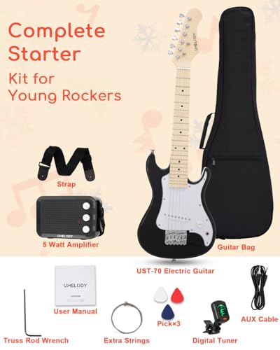 Image of UST-70 Kids Electric Guitar Beginner Kit with Amp, Ideal First Guitar for Starter, Lightweight 30 Inch Guitar for Boys and Girls, Fun Music Gift for Learning, Practice and Play at Home, Black
