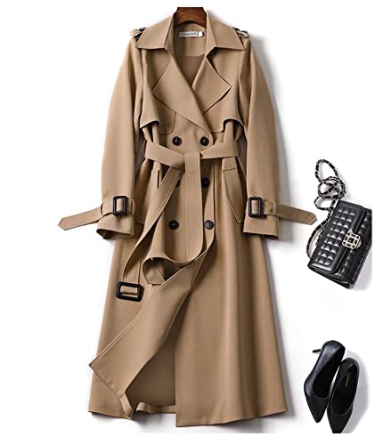 SOMTHRON Women's Double Breasted Long Trench Coat Belted Notch Lapel Overcoat Windproof Classic Outerwear CM-M