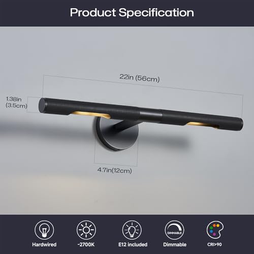 Image of 22 inch L Picture Light Dimmable Vanity Bathroom Light Rotatable 360 Wall Sconce Lights for Pictures Art Gallery Painting Frame,Include Bulbs,Black,22 inch L x 1.38 inch D