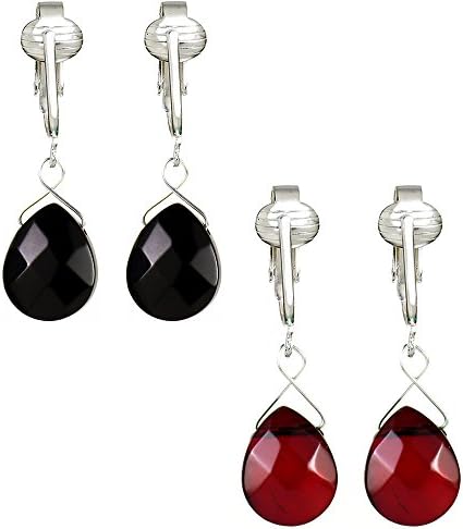 Aloha Earrings Beautiful Glass Briolette Clip On Earrings for Women - Petite Dangle, French Style, Unpierced Ears (Red/Black Set of Two)