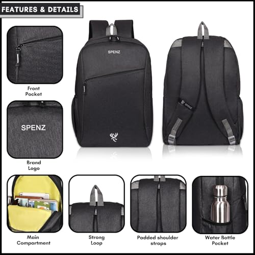 Image of SPENZ BAGS Laptop Backpack -Breathable Shoulder Straps, Mesh Side Pocket, Waterproof, Front Zipped Pocket, Padded Laptop Compartment, Backpacks
