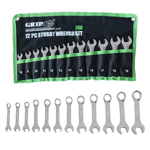Grip 12 pc Master Stubby Combination Wrench Set Metric - 12 Point 15 Degree Offset Boxed End - Chrome Vanadium Steel - Chrome Plated - Storage Pouch