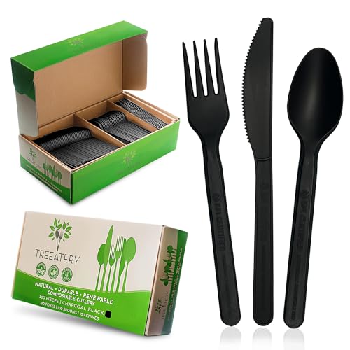 Treeatery - Compostable Cutlery Set, Plant-Based Compostable Utensils Disposable, Dishwasher-Safe Compostable Silverware, 380-Piece Disposable Cutlery, Plant a Tree with Every Box, Charcoal Black by Treeatery - Used condition - US$29.24
