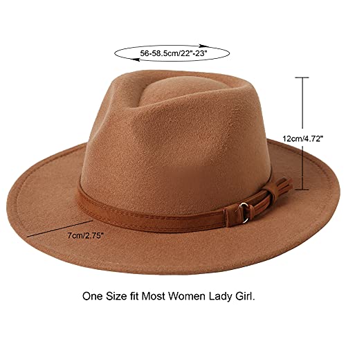 Lanzom Retro Heart Shaped Fedora Hats For Women Wide Brim Felt Panama Hat With Belt Buckle(Khaki, Medium) #TOP1